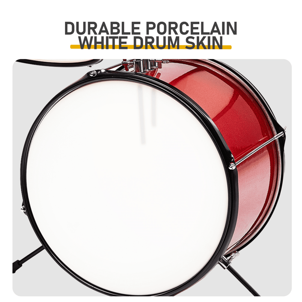 Tcbosik 3 Piece Junior Drum Set for Beginners with Bass Tom Snare Drum, 14 inch Drum Kit with Sticks, Cymbal and Pedal, Red