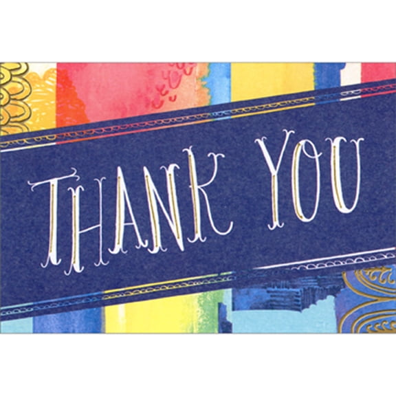 Designer Greetings White Letters, Gold Accents on Blue Over Colorful Vertical Stripes Package of 8 Graduation Thank You Notes