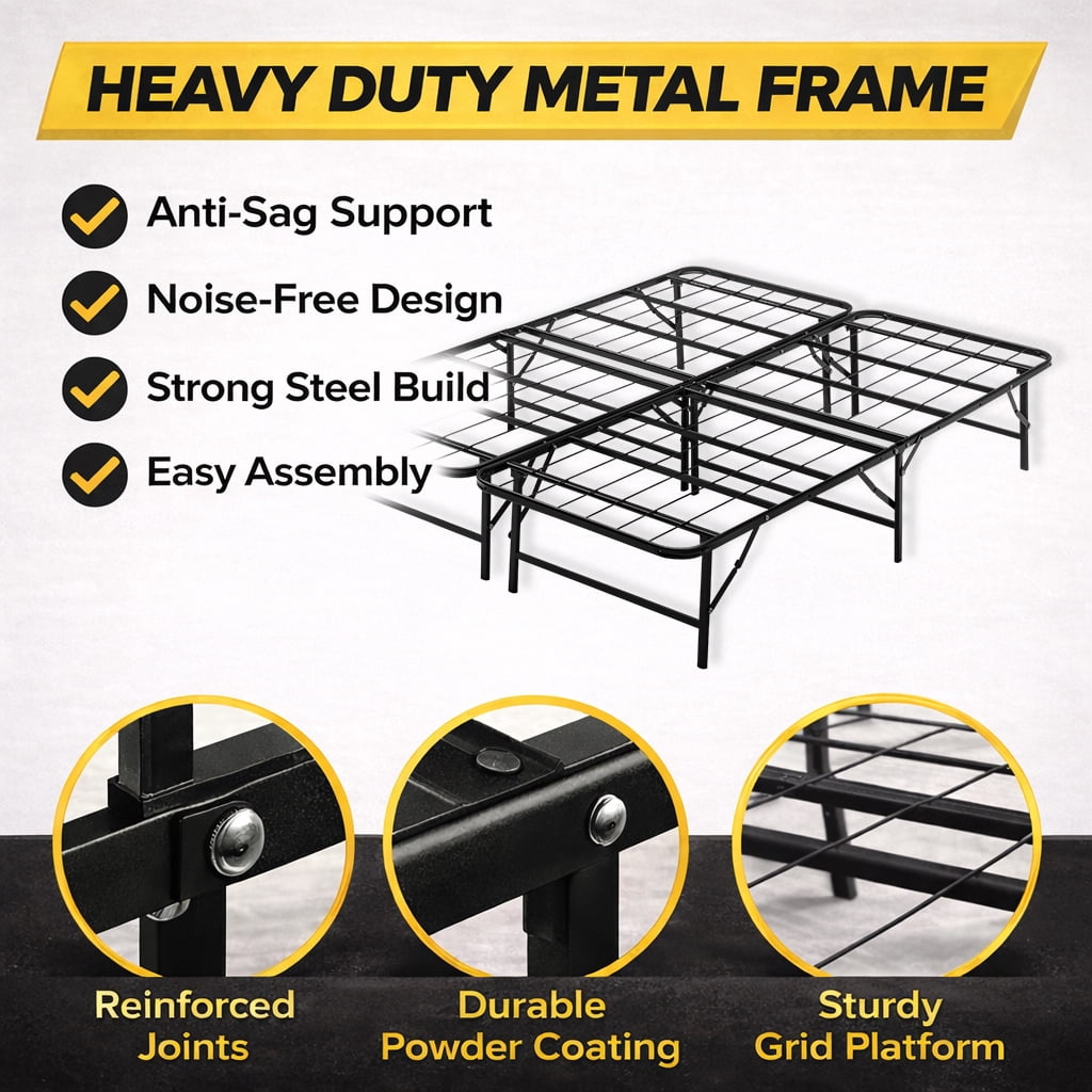Continental Sleep, 14-Inch Foldable Metal Platform Bed Frame with Tool Free Setup, Sturdy Steel, No Box Spring Needed, Queen, Black