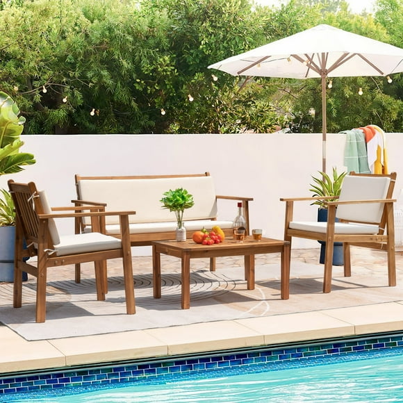 Devoko 4pcs Patio Wood Furniture Sets with Cushion and Table, Outdoor Acacia Conversation Chair and Table Sets, Beige