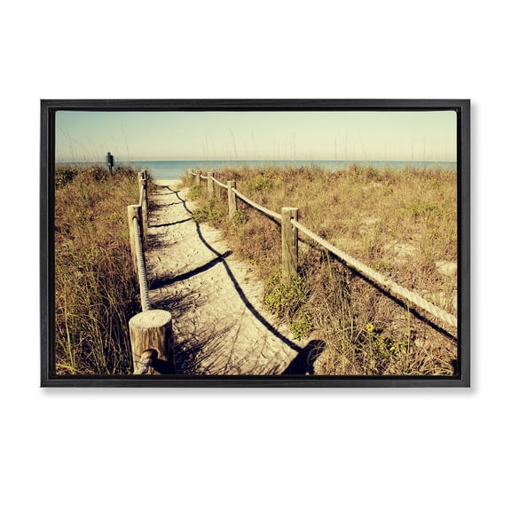 Stupell Industries Traditional Sandy Path Railing Black Floating Frame Canvas Art, 25 x 17, by Gail Peck