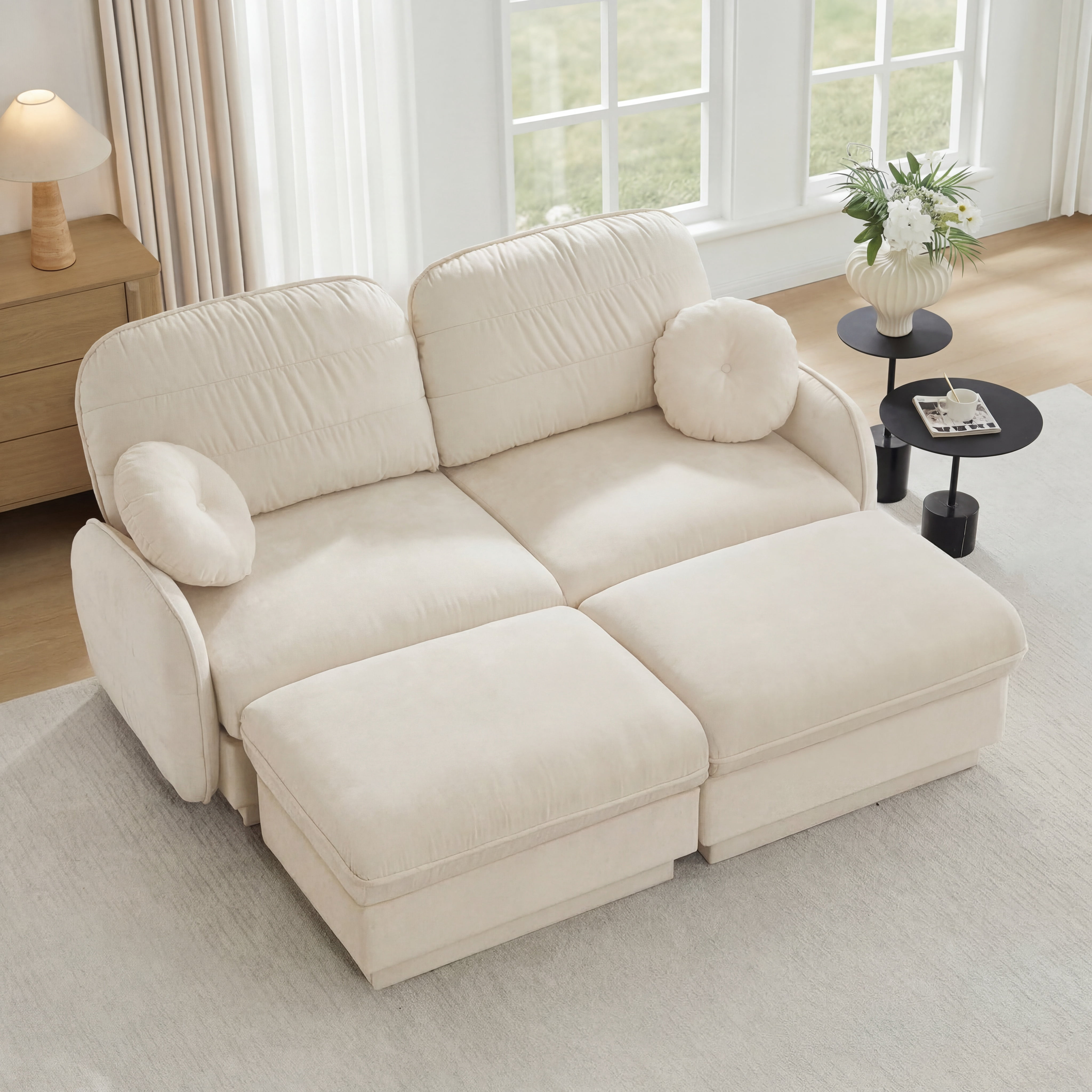 Mintazer Chenille Cloud Loveseat Sofa with 2 Movable Ottoman and Round Pillows, U-Shaped Ergonomic Sofa Couch for Living Room, Bedroom, Cream