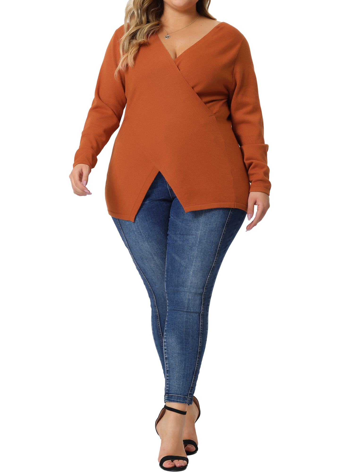 Unique Bargains Women's Plus Size Knitted Deep V Neck Wrap Criss Cross Cable Knit Sweater 4X Orange