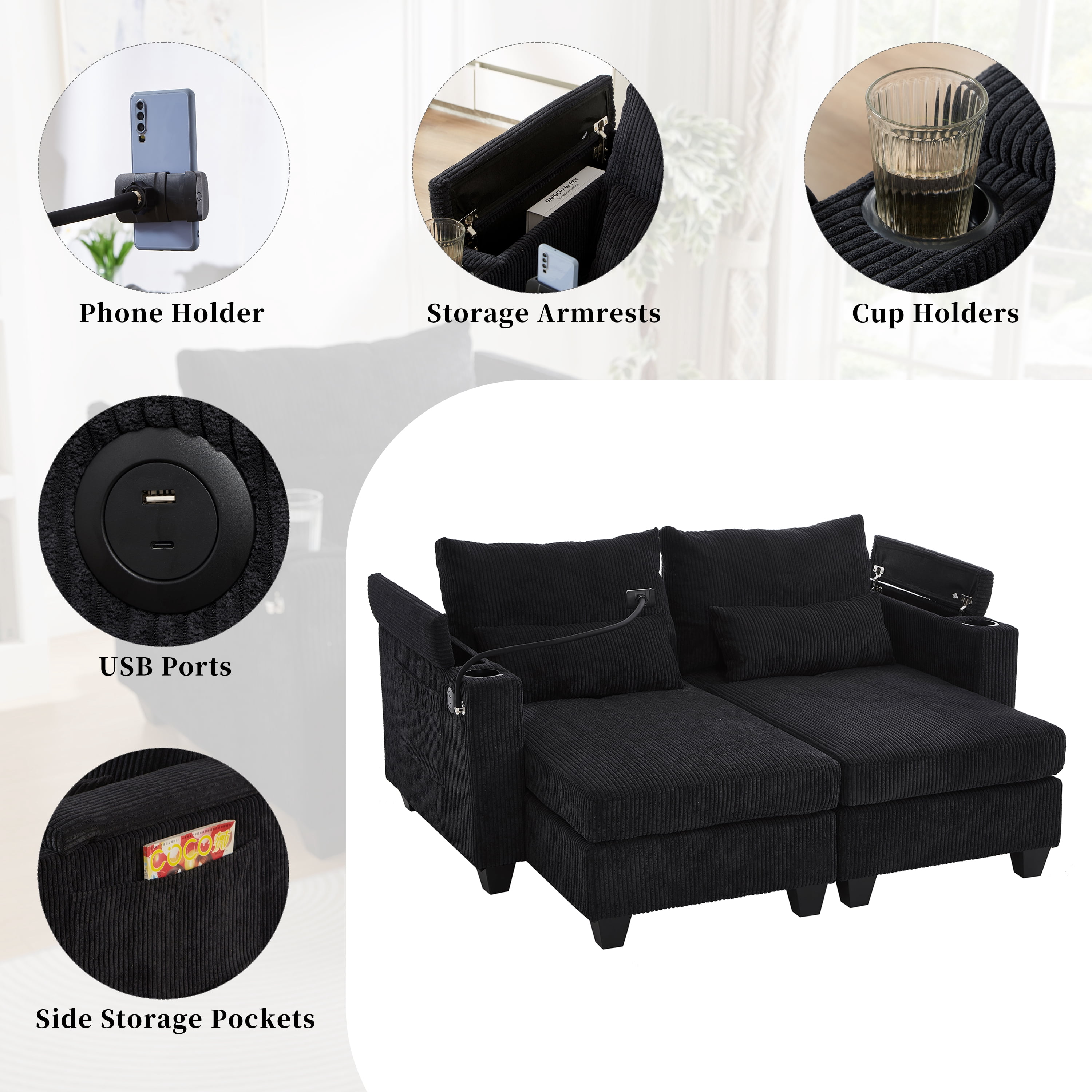 Euroco Convertible Chaise Lounge 63" Loveseat Sofa Sofa Bed Corduroy Sleeper Sofa with USB Ports , Two Cup Holders, A Phone Holder and Ample Storage Space for Living Room and Bedroom, Black