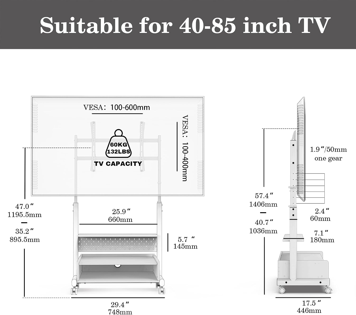 FITUEYES Rolling TV Stand for 40–85 Inch TVs, Black & Gold, Storage & Pegboard