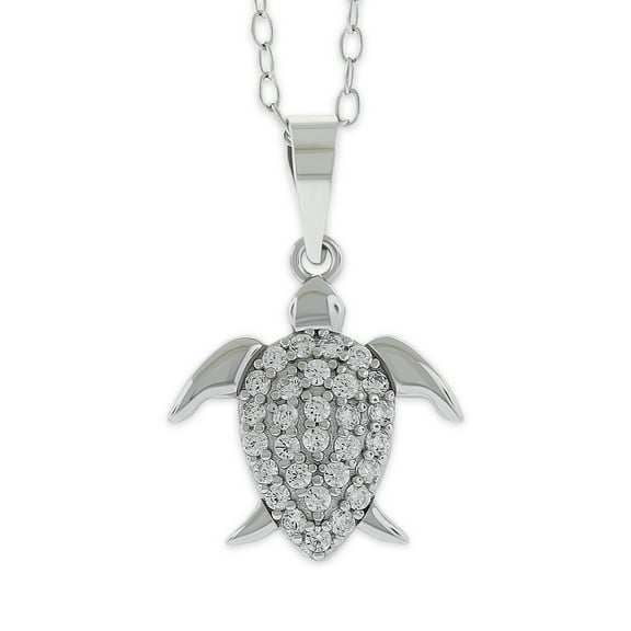 Silver Sea Turtle Necklace with Cubic Zircornia Stones - 925 Sterling SIlver - Sea Turtle Pendant - Adjustable Silver Necklace 16”-18”