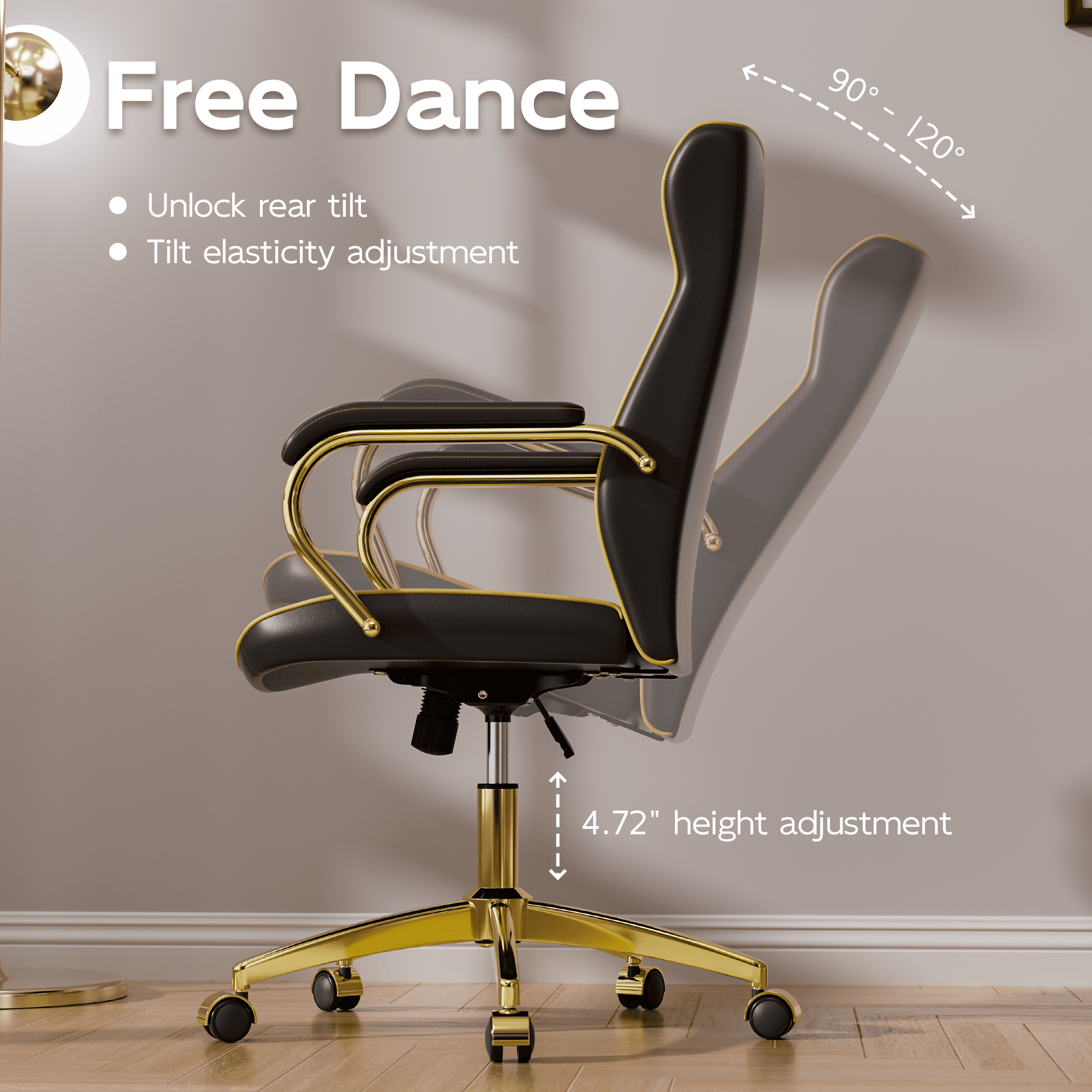 Black and Gold Office Chair with Soft Leather Embroidery, Mid Back Vintage Swivel Executive Desk Chair with Wheels and Padded Arms, Adjustable Height
