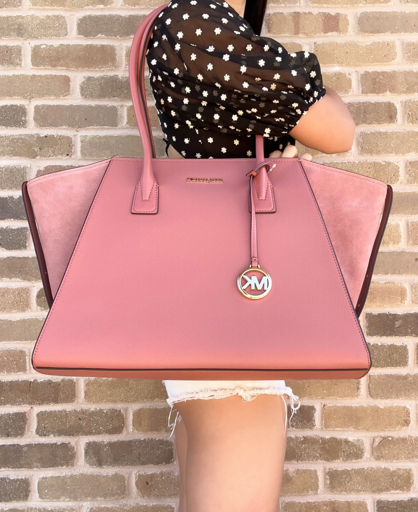 Michael Kors Avril XL Large Shoulder Bag Top Zip Tote Rose Pink Suede  Leather 