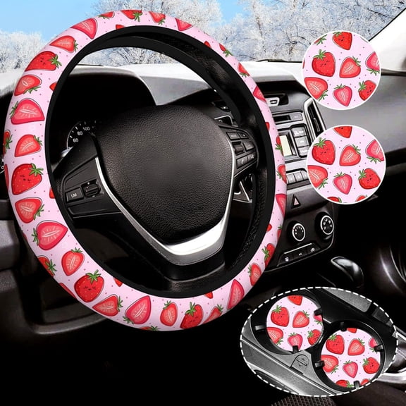 Cute  Strawberry Steering Wheel Cover for Women Men with 2 count  Coasters, Universal 14.5-15 Inch Rainbow Steering Wheel Covers Non-Slip  Accessories for Girls