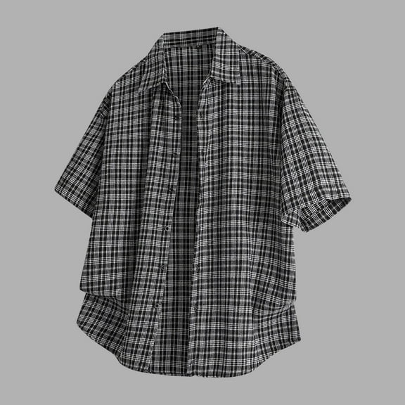 Vetsdori Fashion Shirts for Men Collared Short Sleeve Button Plaid Black Lightweight Crew Neck Vintage Mens T-Shirts Holiday