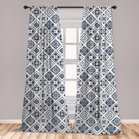 Spanish Style Window Treatments Navy Blue Curtains 2 Panels Set, Mediterranean Traditional Art Elements with Spanish Portuguese Influences, Window Drapes for Living Room Bedroom, Dark Blue White, by Ambesonne ()
