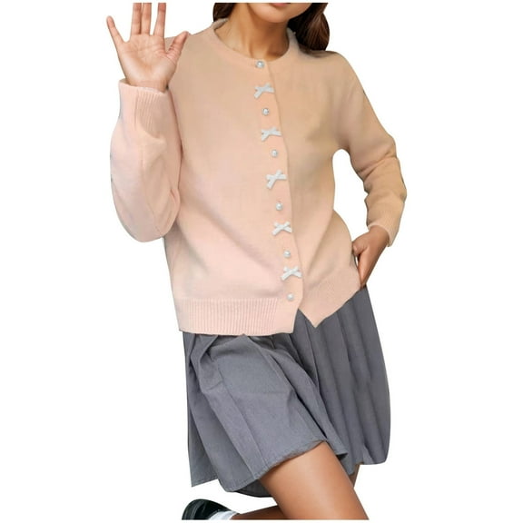 Sweaters for women Spring And Autumn Bow Pearl Button Sweater Women's High End Korean Gentle Wind Light Yellow Knitted Jacket Round Neck christmas sweater women