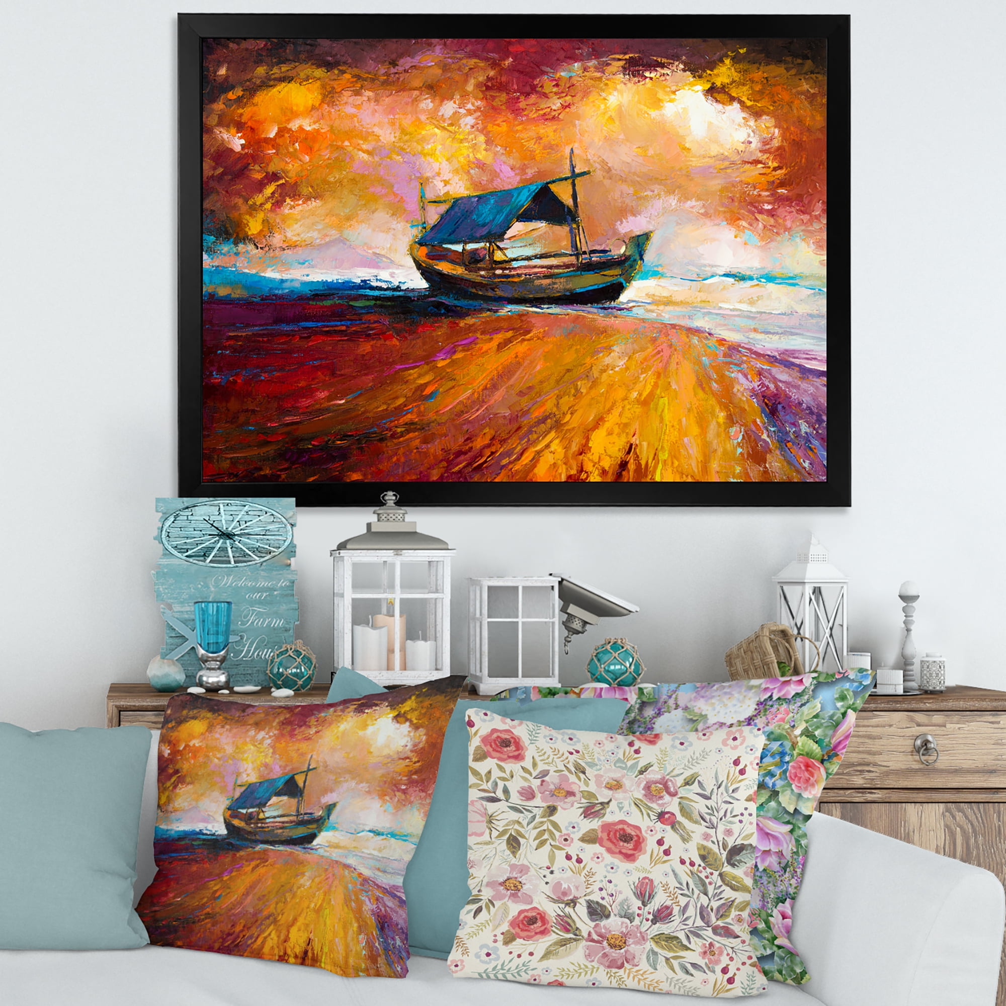 Traditional Fisher boat During Ocean Evening Glow 32 in x 24 in Framed Painting Canvas Art Print, by Designart