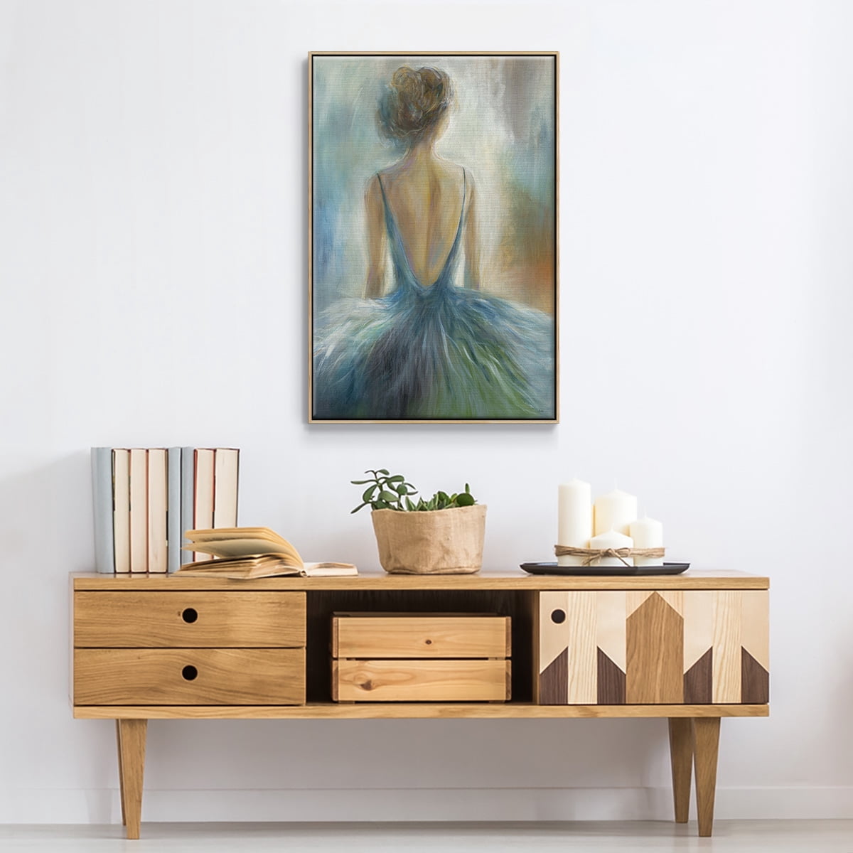 Lady in Blue Framed Premium Gallery Wrapped Canvas - Ready to Hang - 25 x 37 - Natural Wood Floating Frame