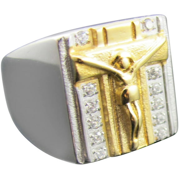 CZ Two-Tone Gold Stainless Steel Crucifix Ring