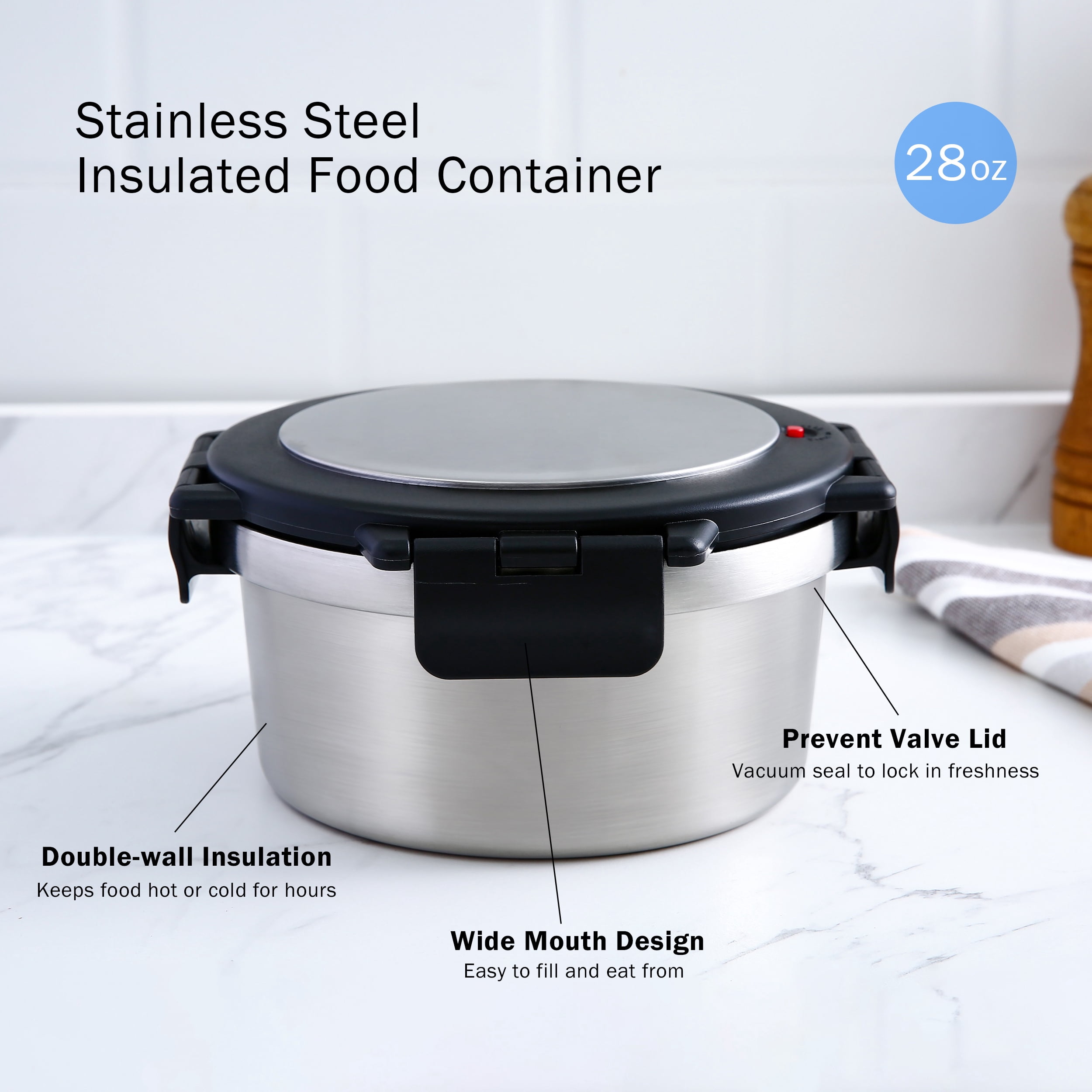 Mainstays Food Jar Insulated Food Storage Container, Stainless Steel, Round, 28oz, Ideal Use for Workday Meals and Travel to Keep Meals Hot or Cold