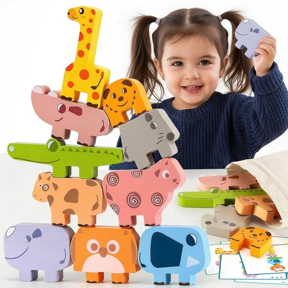 LieGorJi Montessori Toys for Toddlers, Wooden Animal Stacking Block Toy with Storage Bag , Preschool Learning Activities for 1 2 3 4 Year Old Boys Girls,