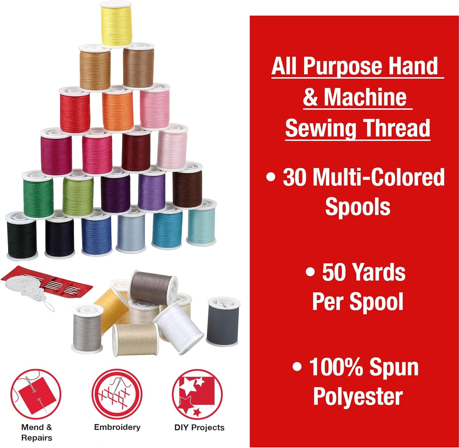 Polyester Sewing Thread Set - 30 Assorted Colors, 50 Yards per Mini Thread Spool, Sewing Kit Includes 5 Large Eye Hand Needles, 1 Needle Threader, Suitable for Hand and Machine Sewing