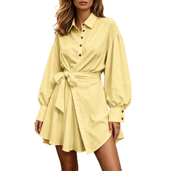 ZHOGXU Fashion Womens Shirt Style Mini Dresses Solid Color Turndown Collar Long Sleeve Regular Fit Button Front With Belt Weekend Outdoor Wear