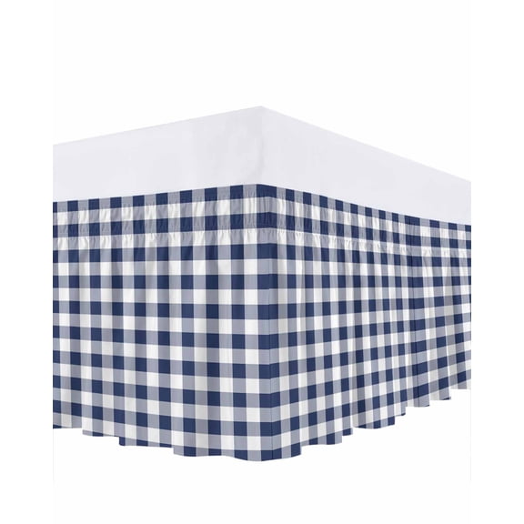 Navy Blue White Plaid Bed Skirt Queen Size, Farmhouse Checkered Buffalo Wrap Around Bed Skirting with Adjustable Elastic Strap, Dust Ruffle Pleated Bedskirts 16 Inch Drop for Bedroom Queen Beds