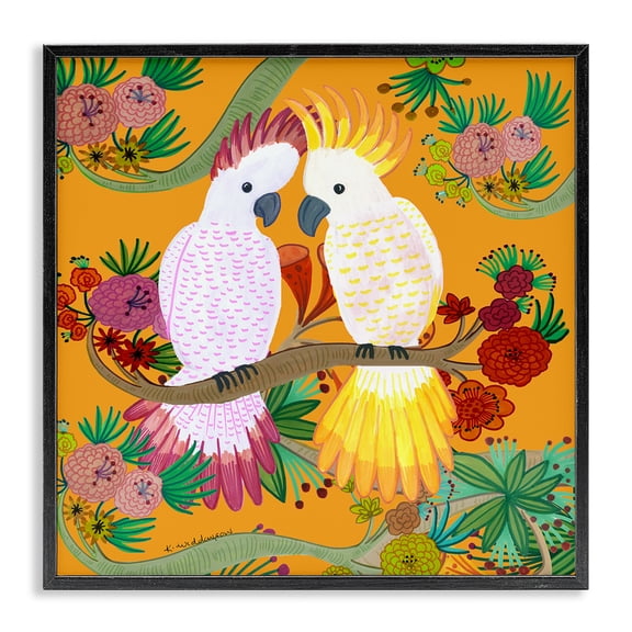 Stupell Industries Bright Cockatoos & Foliage Animals Painting Black Framed Art Print Wall Art, 12 x 12