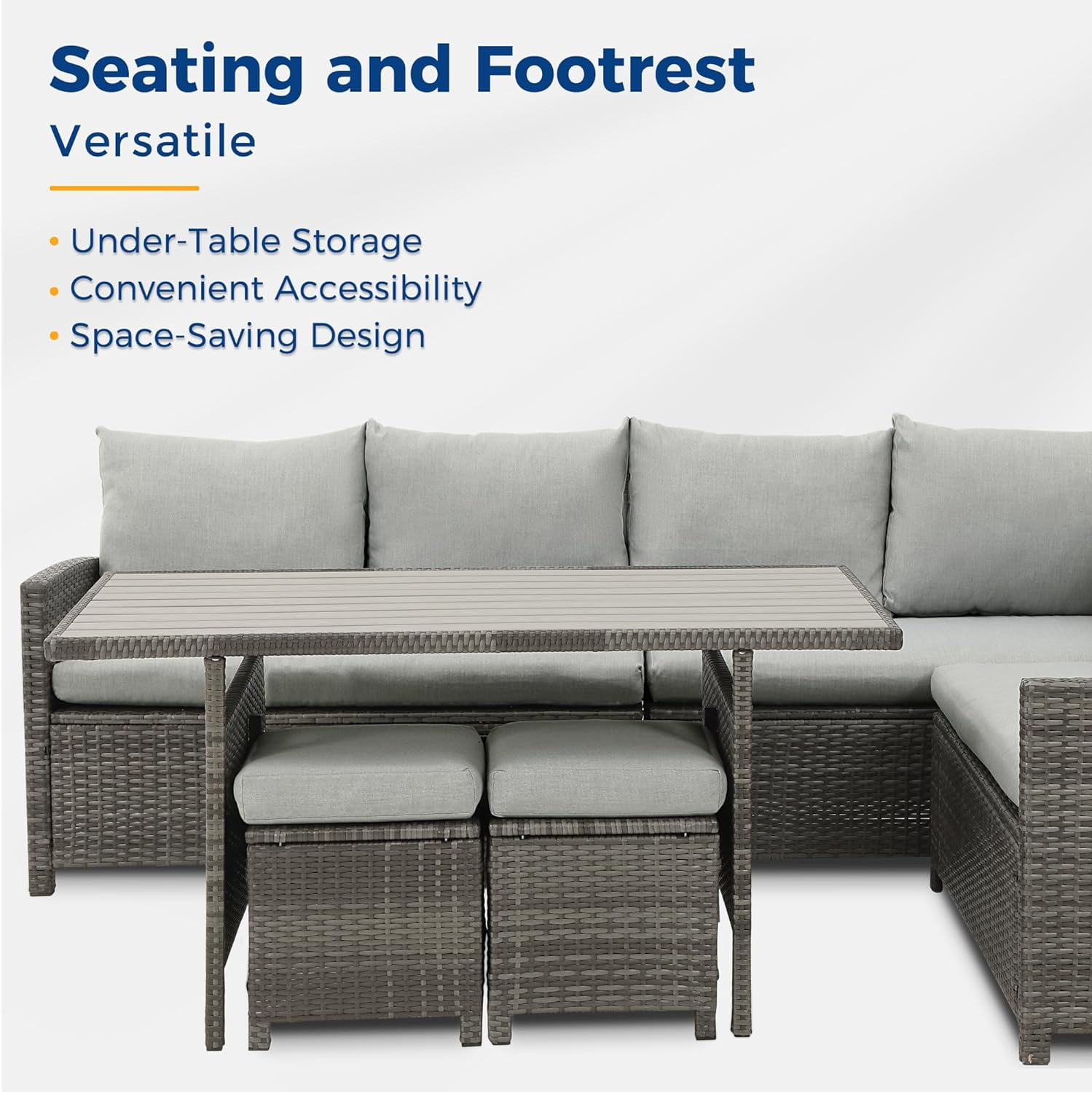 Superjoe 7 Piece High Curved Wicker Outdoor Sectional Sofa with Dining Table, Gray