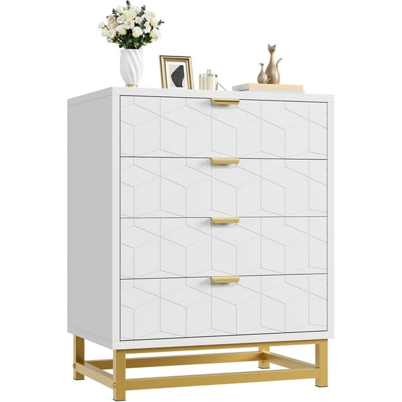 Senfot White Dresser for Bedroom, Wood Dressers Chest Organizer with Wide Storage, 4 Drawer Dresser with Metal Legs, Modern Chest of Drawers for Bedroom, Living Room, Hallway