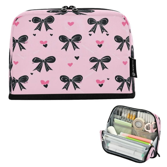 Standing Pencil Case with Base Large Capacity Stationery Pouch Pen Bag with Zipper for Women Men Black Bows