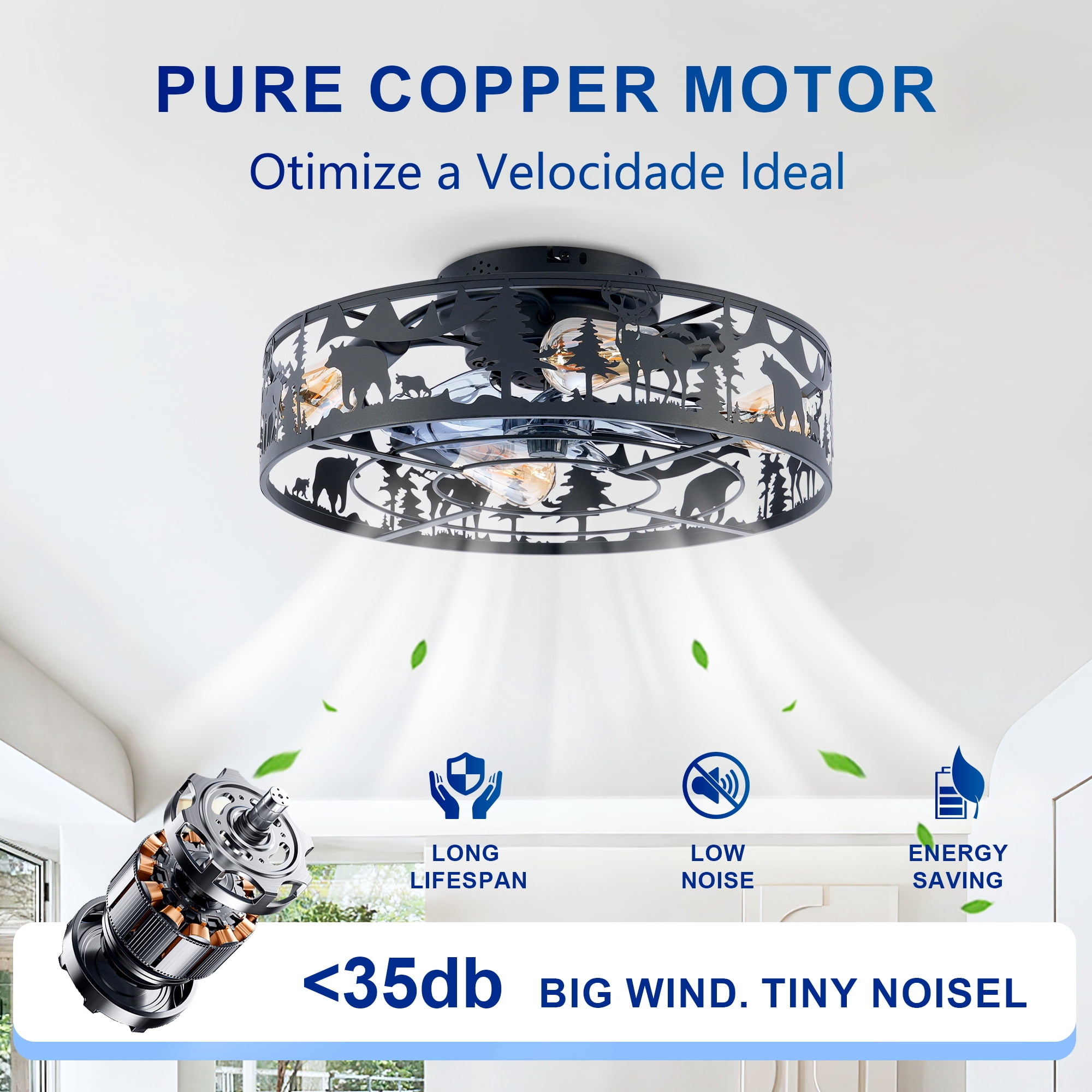 Leumius 20" Black Caged Ceiling Fans with Lights and Remote, Flush Mount Caged Ceiling Fan 6 Speed Reversible with Remote Control for Living Room Bedroom Dining Room (NOT Included Bulbs)