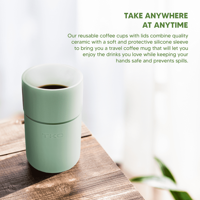 TKC Ceramic Coffee Mug with Lid, Reusable Insulated Ceramic Travel Mug with  Silicone Sleeve, Anti Slip and Reusable Coffee Cup for Office Home  Traveling Portable and Dishwasher Safe (Matcha Green) 