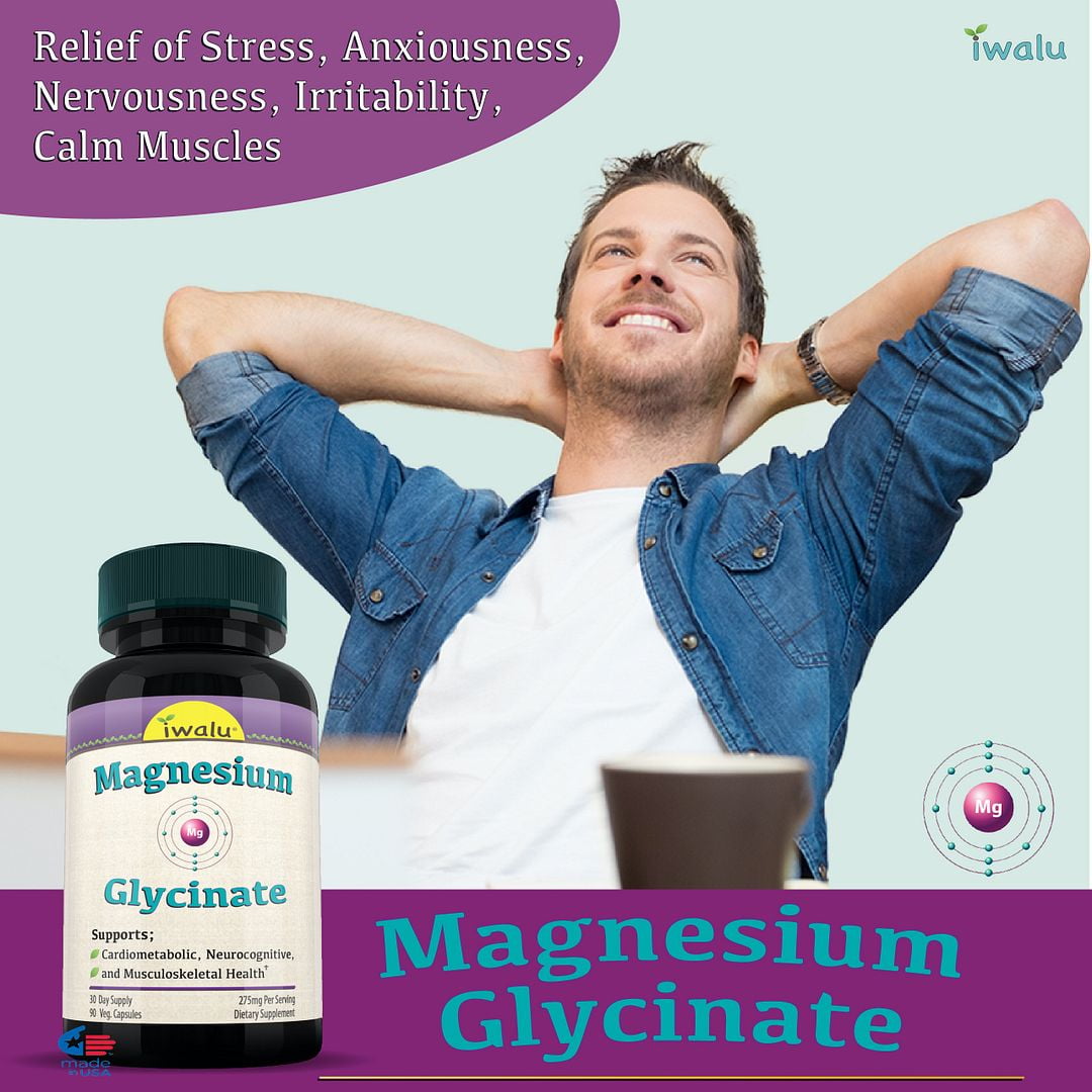 iwalu Magnesium Glycinate | Relaxation & Sleep Support | Calming - Helps Reduce Stress - Supports Muscle, Bone & Joint Health | Pure Bioavailable Potent - 90 Count | NSF Certified & USA Made