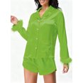 thumbnail image 3 of LMLYSoH Women's Satin Outfits Solid Color Lapel Long Sleeve Tops with Feather Cuffs + Shorts Set Fashion Clothes, 3 of 8