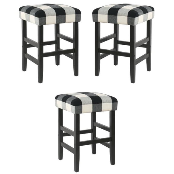 Home Square 24.5" Square Fabric Plaid Pattern Counter Stool in Black - Set of 3
