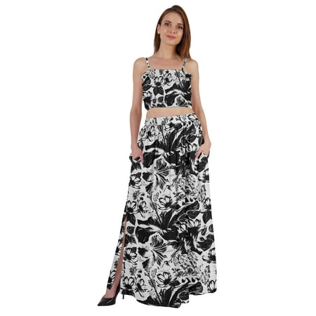 

Bimba 2 Pcs Sexy Beach Party Wear Dress For Womens Printed Smocked Crop Top & Long Skirt CoordSet