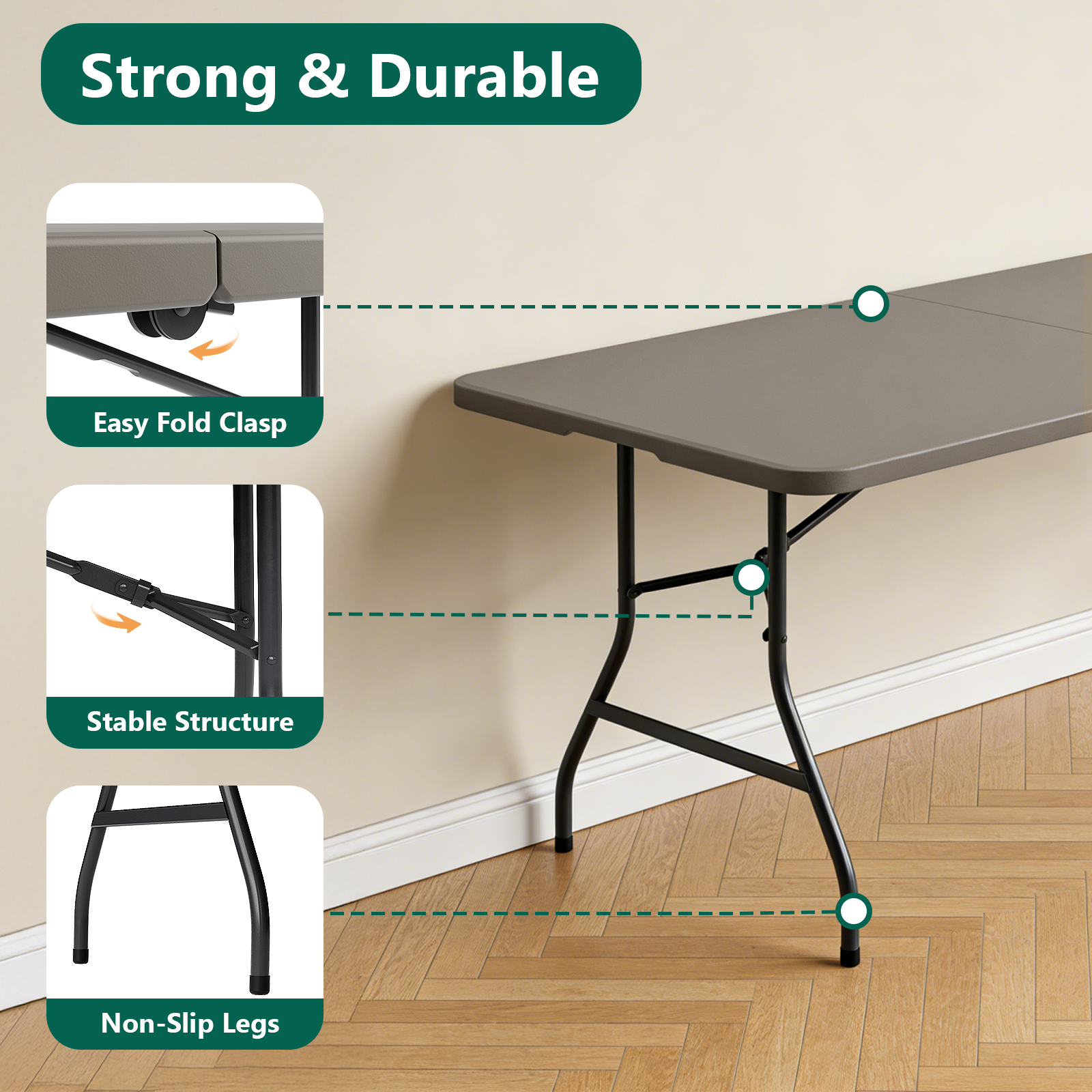 HaiNova 6-Foot Folding Table, Khaki photo 8