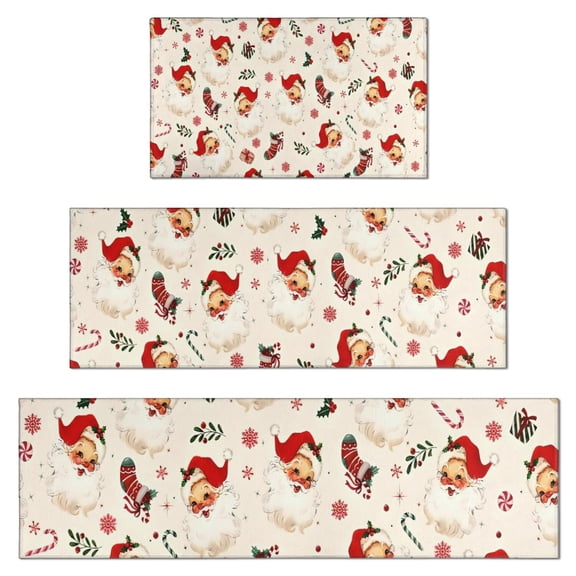 Beige Christmas Santa Pattern Kitchen Rugs Sets Of 3,Kitchen Runner Rugs Non Skid Washable,Decorative Kitchen Floor Mats for Kitchen,Sink,Laundry,17"x30" 17"x47" 17"x59"