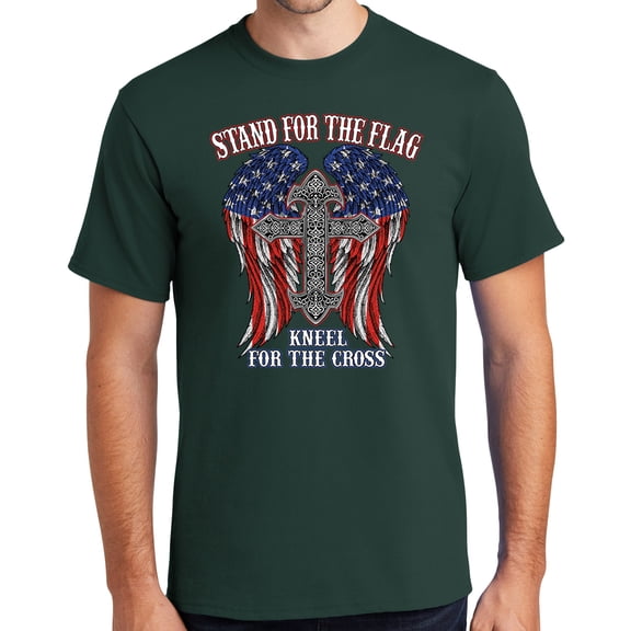 Mens Kneel for the Cross, Stand for the Flag Tee Shirt, Small Forest Green