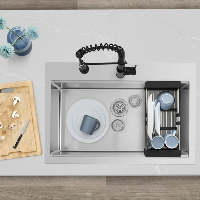 Azuni Topmount 31 1⁄4 Pouces Bol Simple en Acier Inoxydable Poste de Travail Évier de Cuisine avec 4 Accessoires C430L