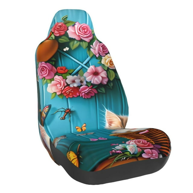 Wukai Whimsical Cats and Flowers Scene Full Set Car Seat Covers with Soft Padding Universal Auto Front Seats Protector and Cushion Mat