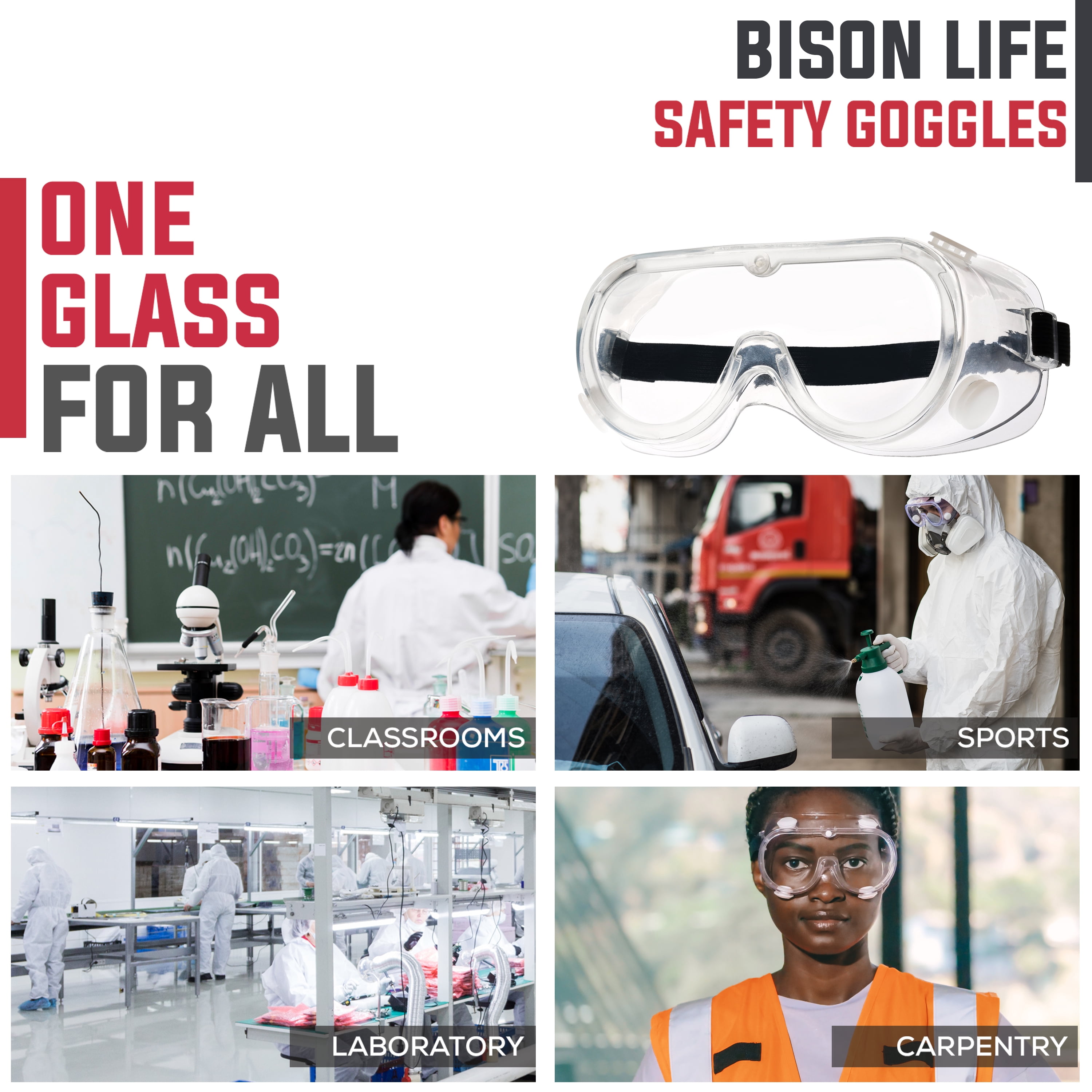 Bison Life 3 Pack Anti-Fog Clear Safety Goggles, Chemical and Splash Resistant, Adjustable Strap, ANSI Z87+