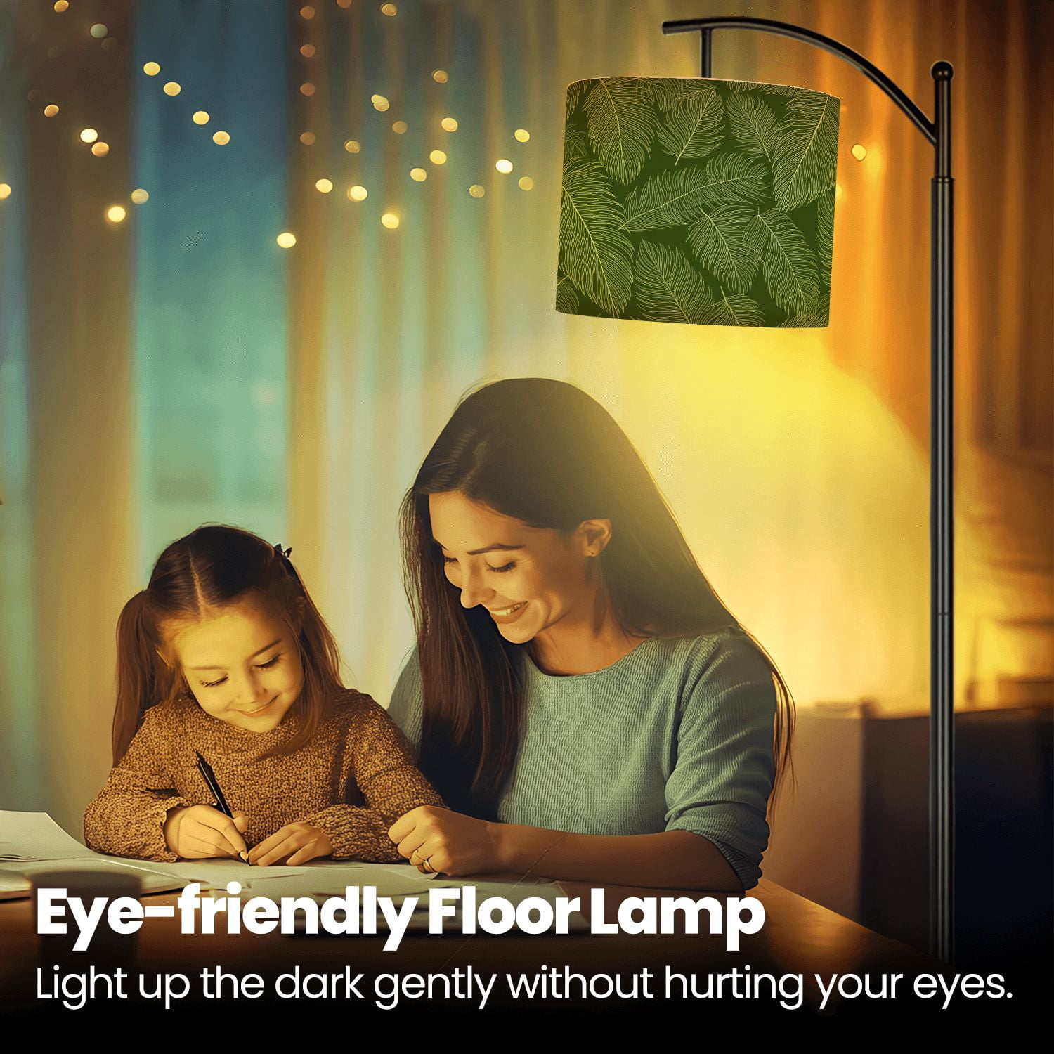 Arc Floor Lamp Luxury Nature green Floral Golden Tall Modern Standing Lamp LED Adjustable Linen Lampshade 3 Color Temperatures