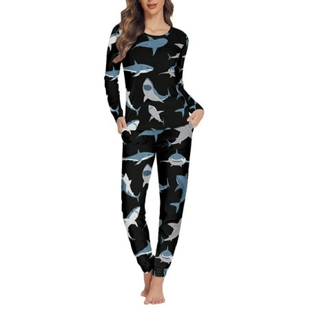 

Renewold Winter Pajamas for Women Warm Blue Sharks Print Shirt Thermal Skin Friendly Pajamas Top and Pants Home Casual Sleepwear Size 6XL