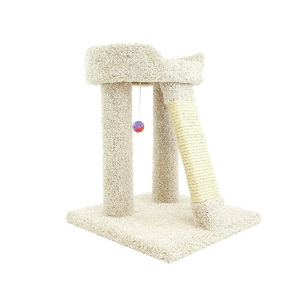 New Cat Condos Premier Elevated Cat Perch with Scratching Post & Hanging Toy, Beige