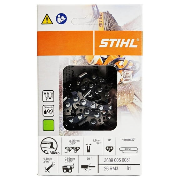 Genuine 20" Chainsaw Chain 0.325" Pitch, 0.063" Gauge, 81 Drive , Rapid Micro 3 (26RM3 81) Fits STIHL 026, MS260, MS261, MS270, MS271, MS290, MS291 Chainsaws 3689-005-0081