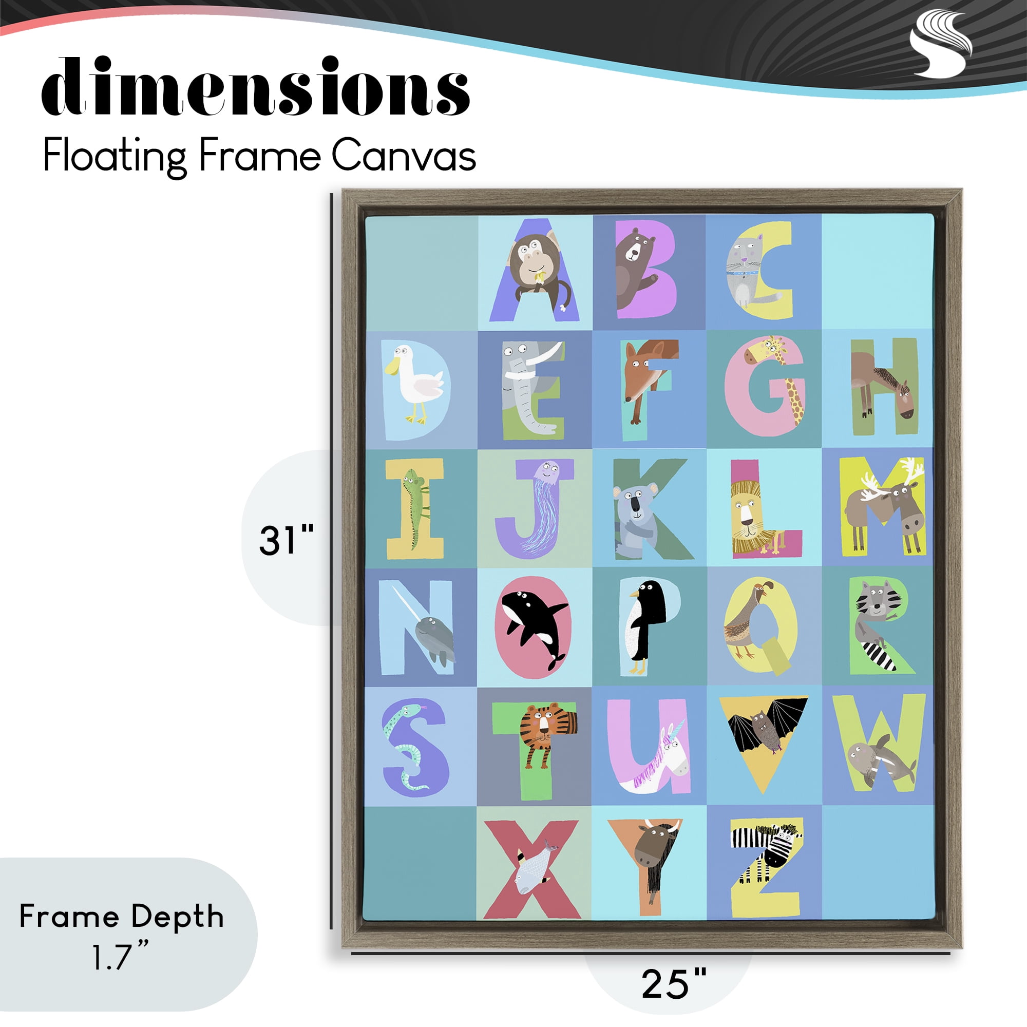 Stupell Industries Animal Alphabet in Blue Brown Framed Floater Canvas Wall Art, design by Carla Daly