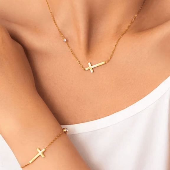 2 Pcs Exquisite 14K White Gold Jewelry Set for Women Fashion Cross Pendant Necklace Bracelet Set Casual Jewelry Gifts