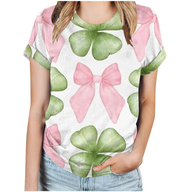 KIHOUT Nouveaux Arrivlas T-Shirts pour Femmes Fête de la Saint-Patrick, Mode Grande Taille Col Rond Manches Courtes T-Shirt Imprimé Vert, Taille P-5TG
