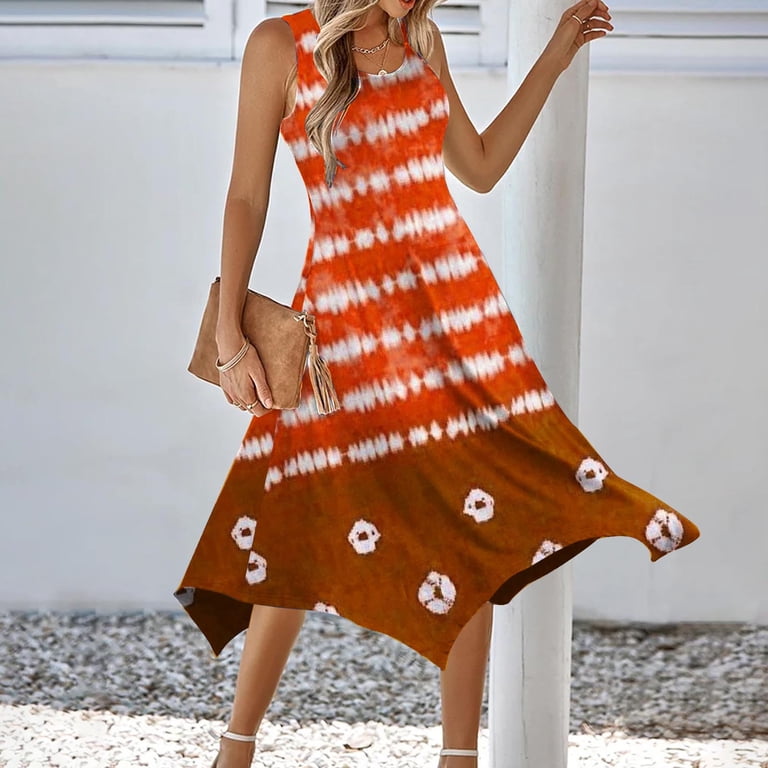 Successthop Long Summer Dresses for Women Stripe Sleeveless Midi Clothes Ladies Crewneck Holiday Dress with Pocket 2XL, Women's, Orange Successthop Long Summer Dresses for Women Stripe Sleeveless Midi Clothes Ladies Crewneck Holiday Dress with Pocket 2XL, Women's, Orange