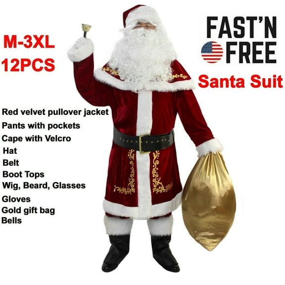 Men's Deluxe Santa Suit 12PC. Christmas Adult Santa Claus Costume -L