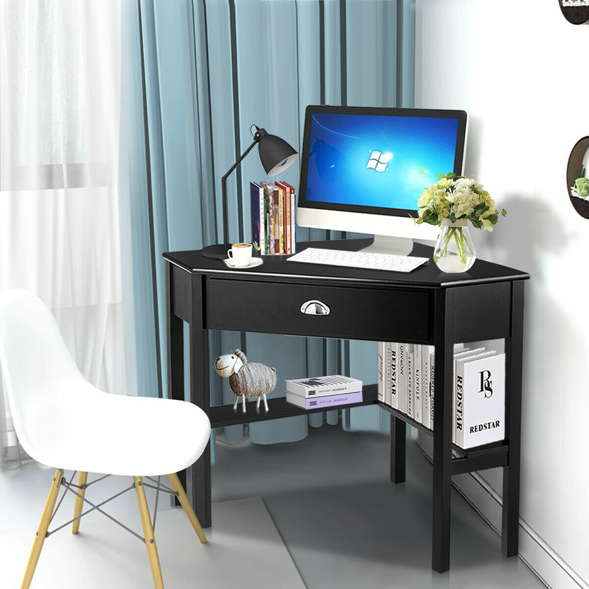 Costway Triangle Corner Computer Desk, Black photo 5